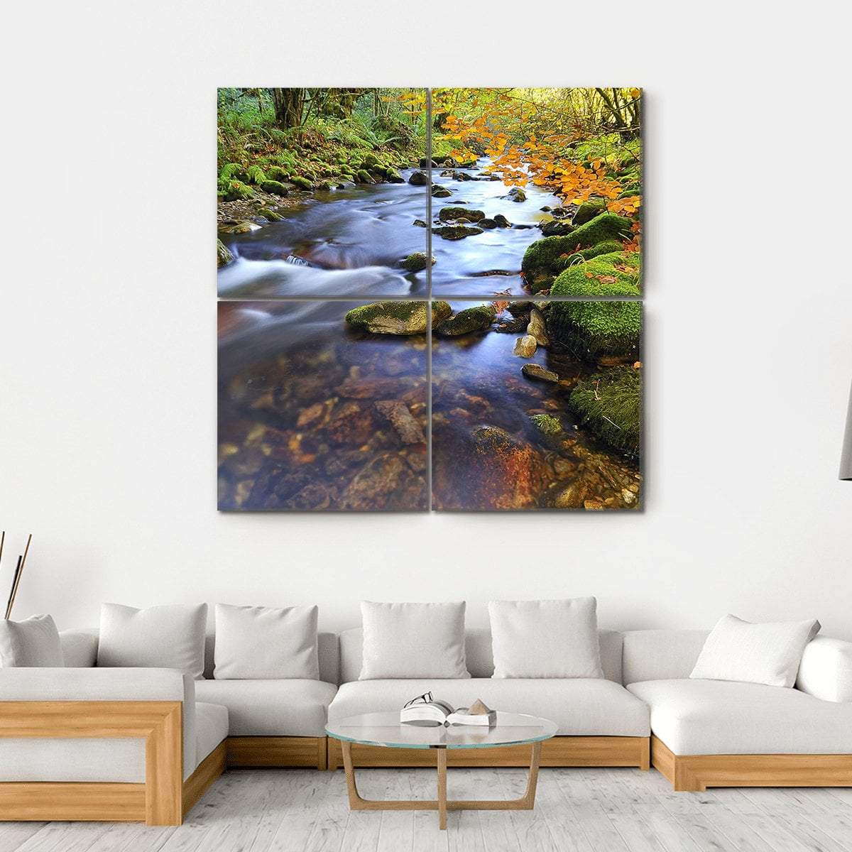 Autumn Stream Flowing In The Woods Canvas Wall Art-4 Square-Gallery Wrap-17" x 17"-Tiaracle
