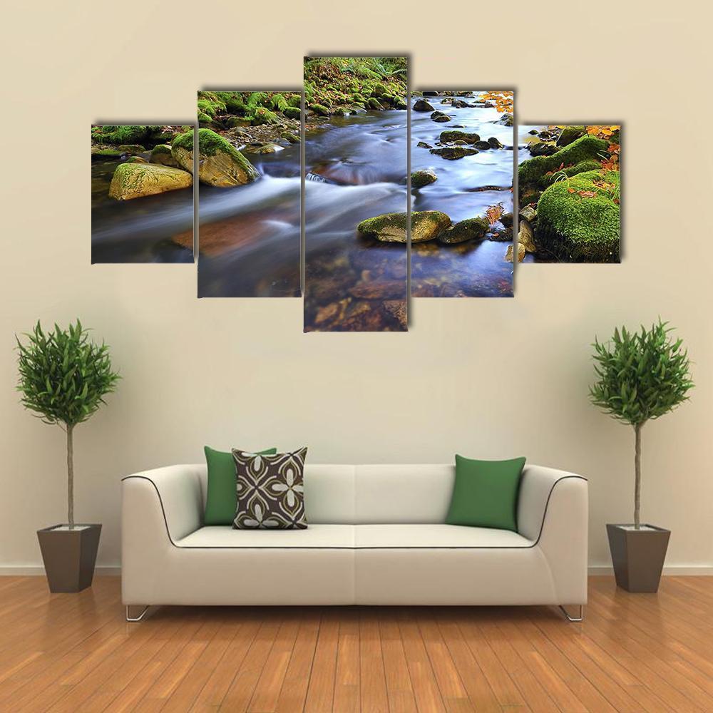 Autumn Stream Flowing In The Woods Canvas Wall Art-5 Star-Gallery Wrap-62" x 32"-Tiaracle