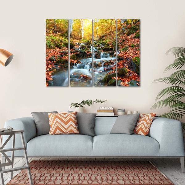 Autumn Stream In The Forest Canvas Wall Art-4 Horizontal-Gallery Wrap-34" x 24"-Tiaracle