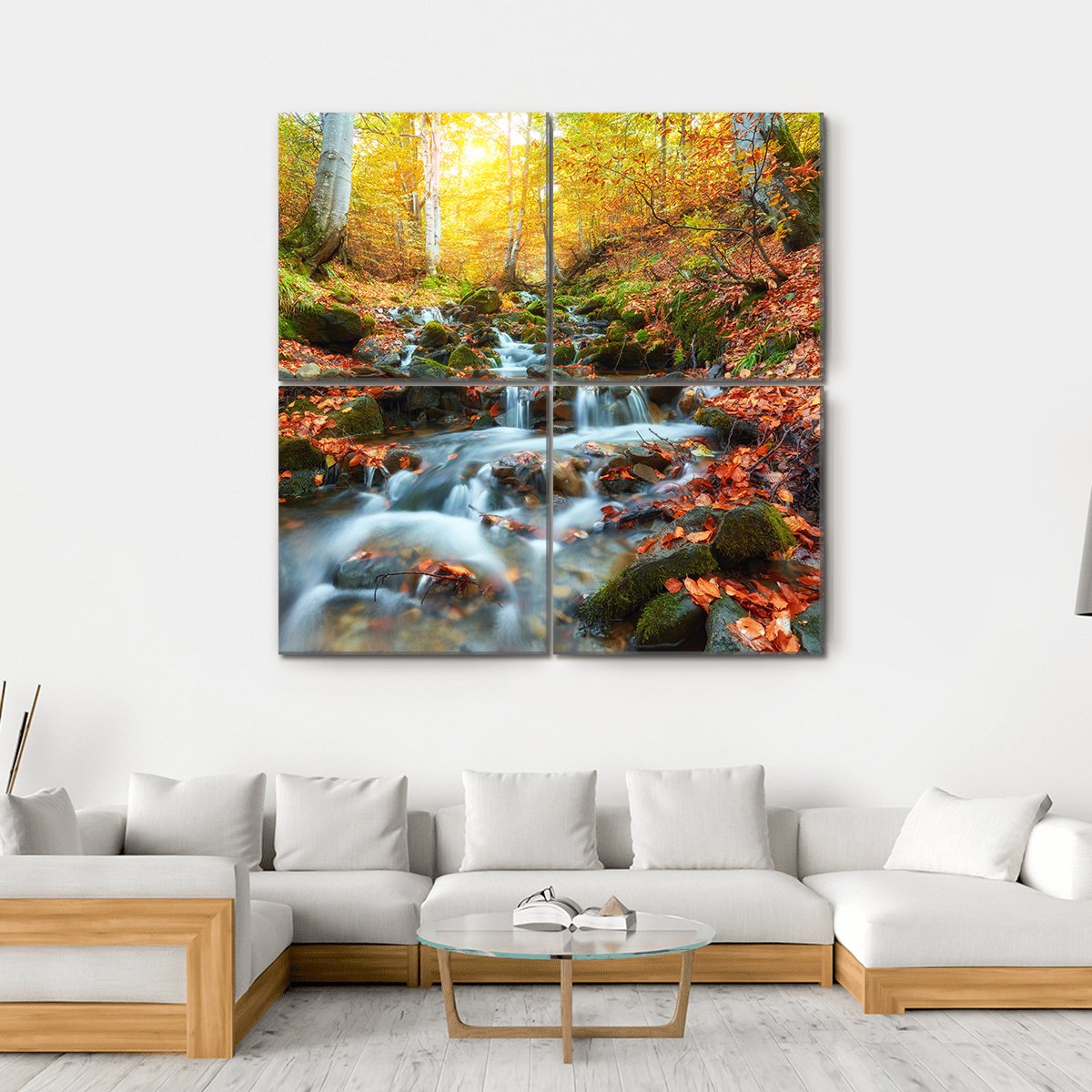 Autumn Stream In The Forest Canvas Wall Art-4 Square-Gallery Wrap-17" x 17"-Tiaracle