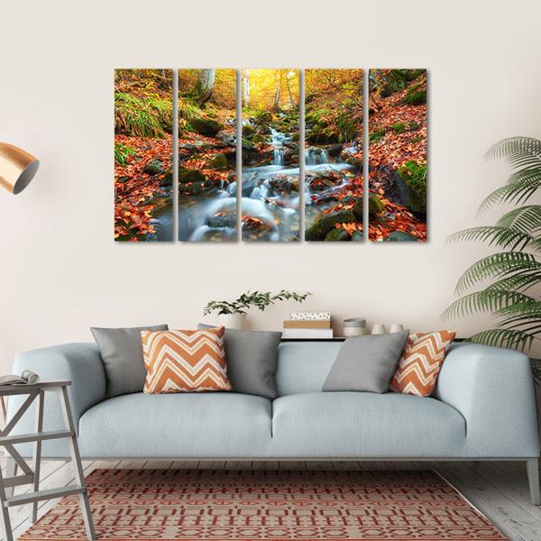 Autumn Stream In The Forest Canvas Wall Art-5 Horizontal-Gallery Wrap-22" x 12"-Tiaracle