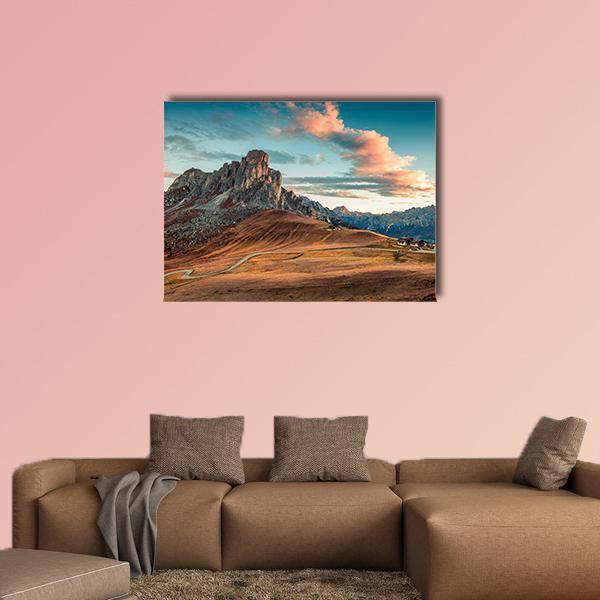 Autumn Sunrise Over Dolomite Alps Canvas Wall Art in brown, orange and blue, single panel hung on a wall