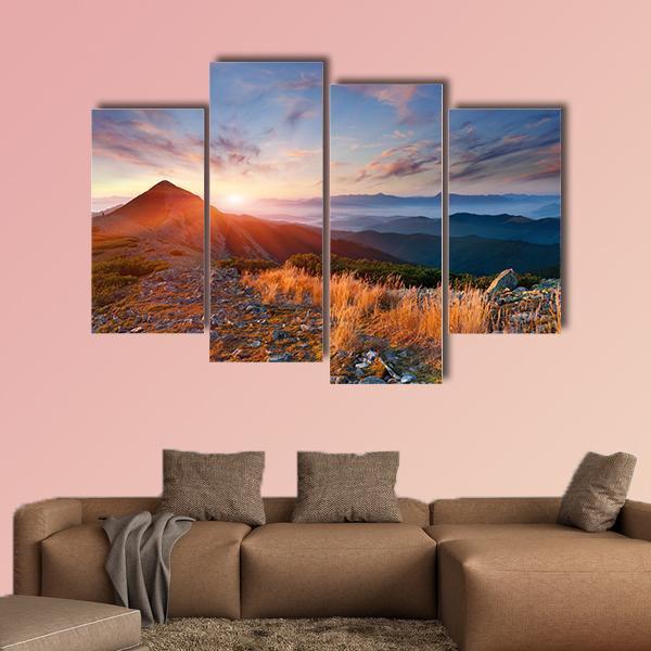 Autumn Sunrise Over Mountains Canvas Wall Art-4 Pop-Gallery Wrap-50" x 32"-Tiaracle