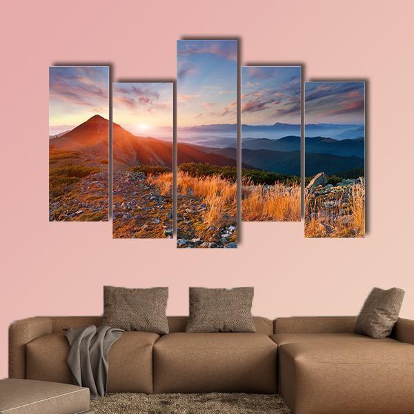 Autumn Sunrise Over Mountains Canvas Wall Art-5 Pop-Gallery Wrap-47" x 32"-Tiaracle