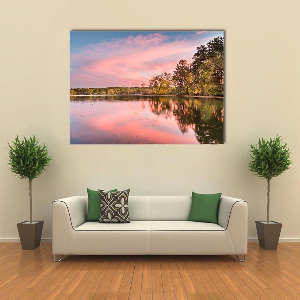 Autumn Sunset at Hamilton Lake Canvas Wall Art in orange, blue and pink, single panel hung on a wall