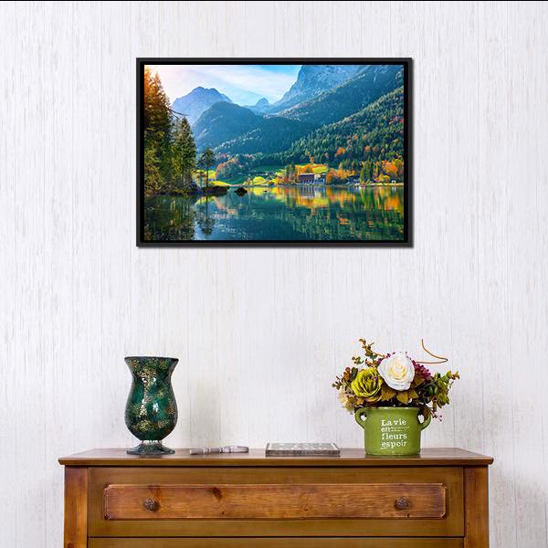 Autumn Sunset At Hintersee Lake Canvas Wall Art-1 Piece-Floating Frame-24" x 16"-Tiaracle