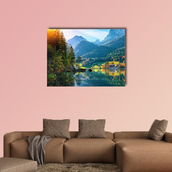 Autumn Sunset at Hintersee Lake Canvas Wall Art in orange, green and blue, single panel hung on a wall