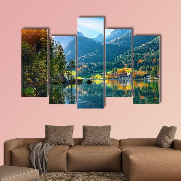 Autumn Sunset At Hintersee Lake Canvas Wall Art-5 Pop-Gallery Wrap-47" x 32"-Tiaracle