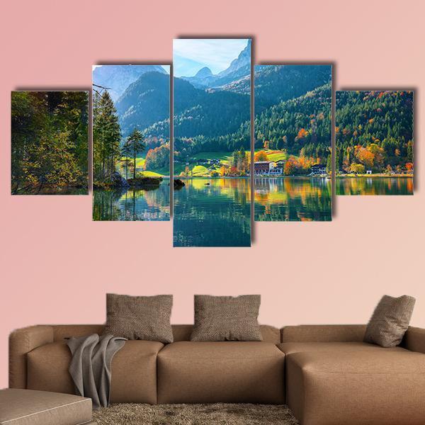 Autumn Sunset At Hintersee Lake Canvas Wall Art-5 Star-Gallery Wrap-62" x 32"-Tiaracle