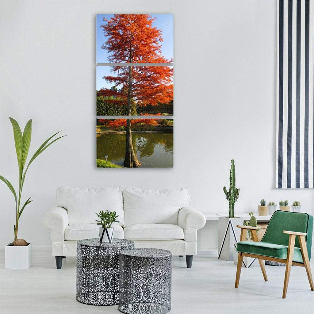 Autumn Tree In Lake Vertical Canvas Wall Art-3 Vertical-Gallery Wrap-12" x 25"-Tiaracle