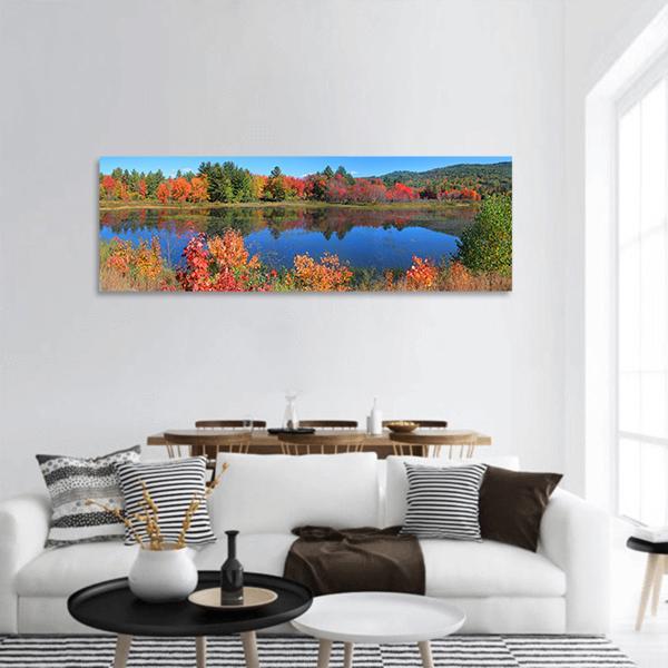 Autumn Trees Reflection In Pond Panoramic Canvas Wall Art-3 Piece-25" x 08"-Tiaracle