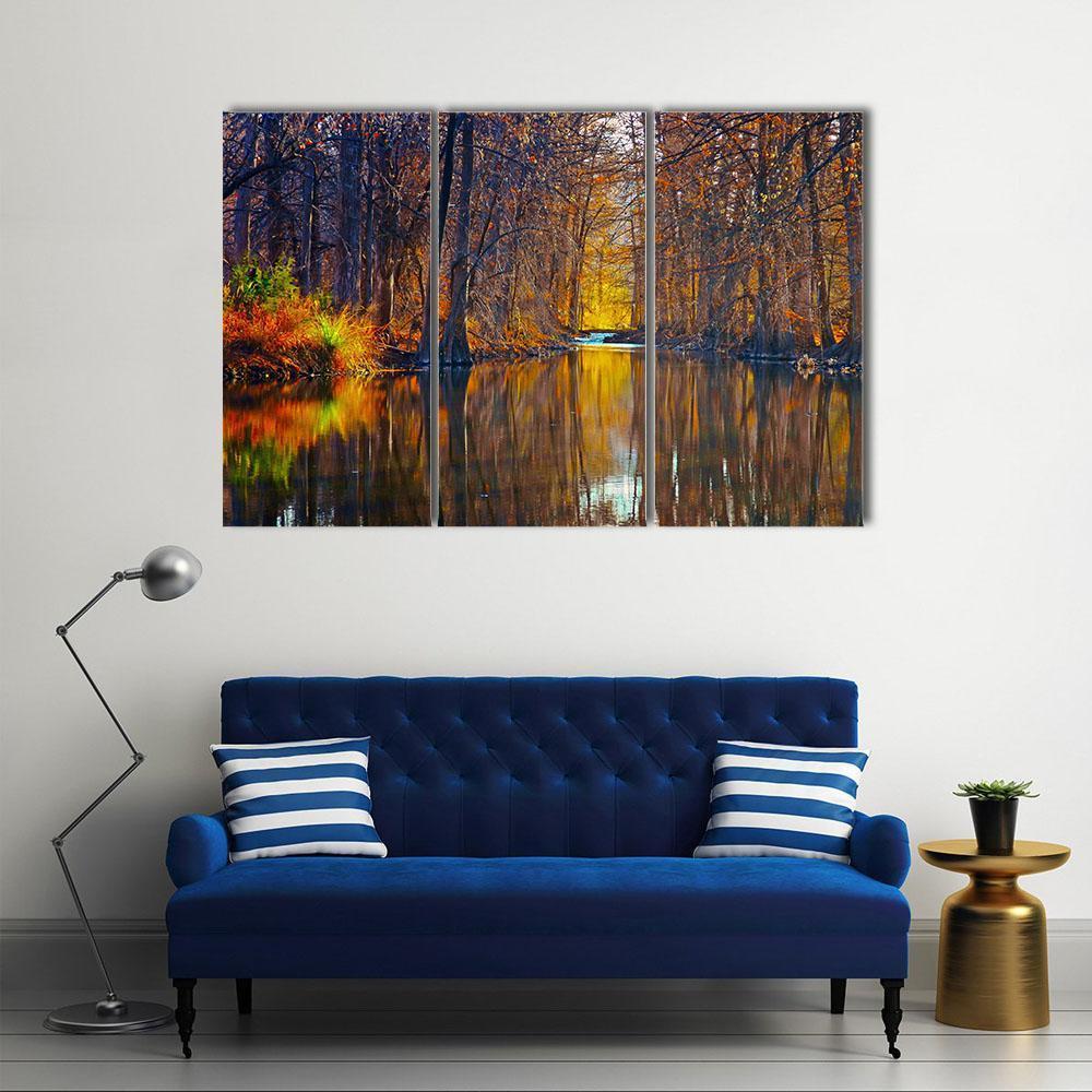 Autumn Trees Along River Canvas Wall Art-3 Horizontal-Gallery Wrap-37" x 24"-Tiaracle
