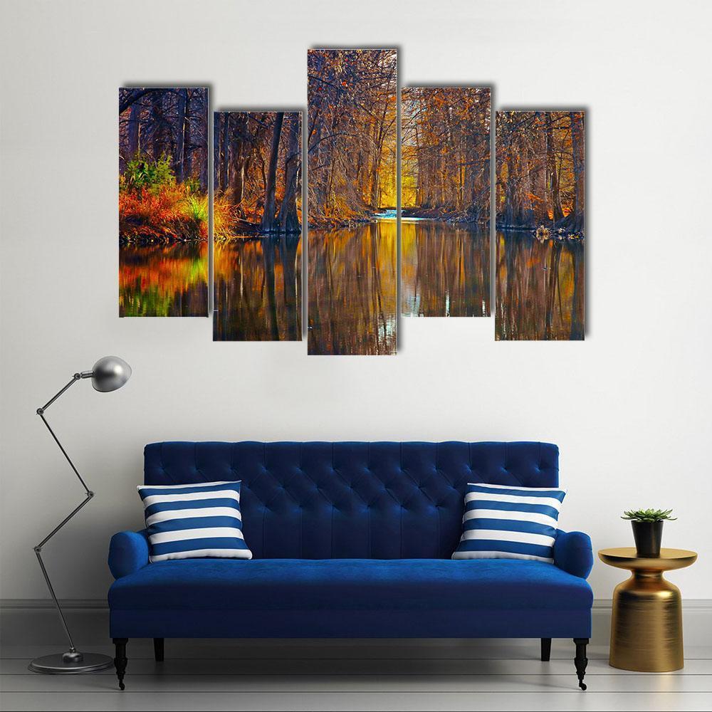 Autumn Trees Along River Canvas Wall Art-5 Pop-Gallery Wrap-47" x 32"-Tiaracle