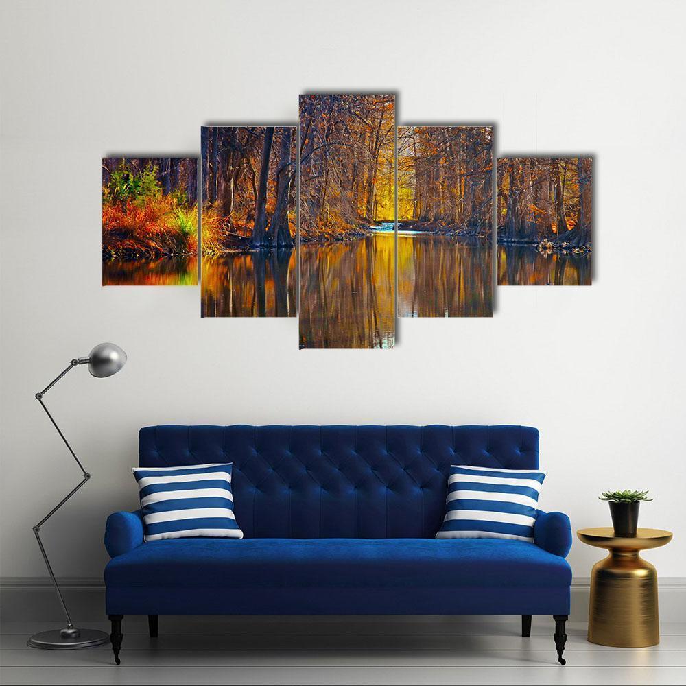 Autumn Trees Along River Canvas Wall Art-5 Star-Gallery Wrap-62" x 32"-Tiaracle