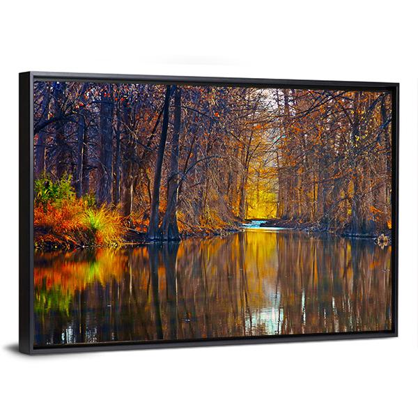 Autumn Trees Along River Canvas Wall Art-3 Horizontal-Gallery Wrap-25" x 16"-Tiaracle