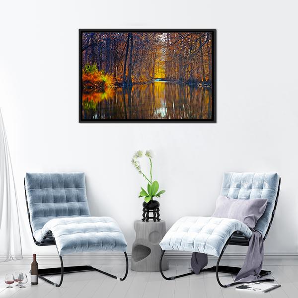 Autumn Trees Along River Canvas Wall Art-3 Horizontal-Gallery Wrap-25" x 16"-Tiaracle