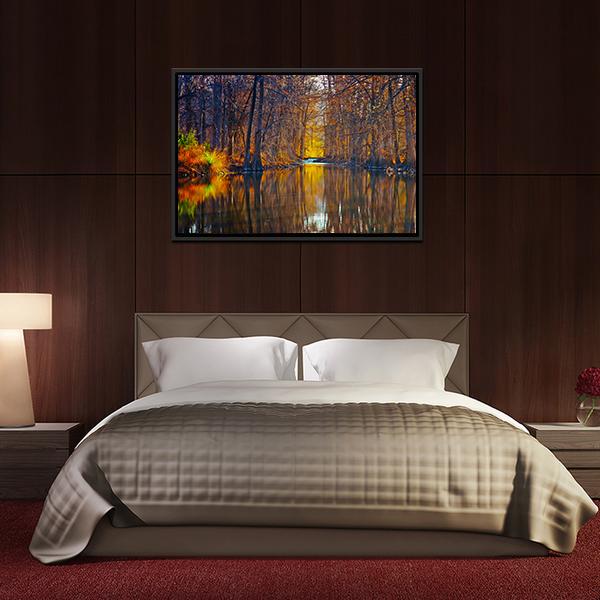 Autumn Trees Along River Canvas Wall Art-3 Horizontal-Gallery Wrap-25" x 16"-Tiaracle