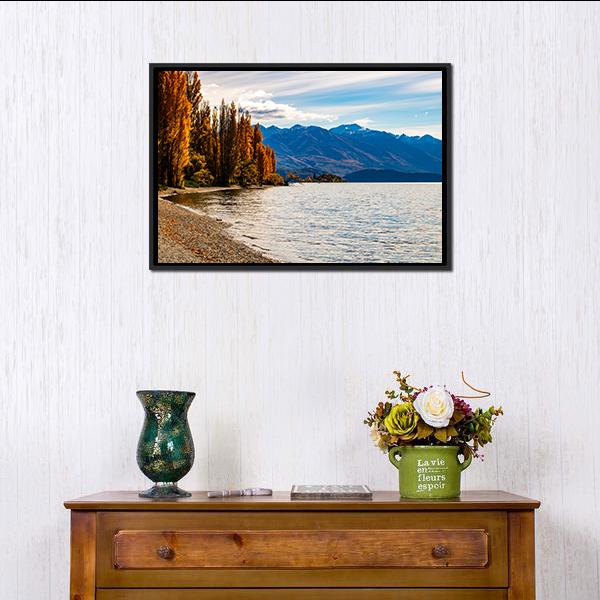 Autumn Trees At Wanaka Lake Canvas Wall Art-1 Piece-Floating Frame-24" x 16"-Tiaracle