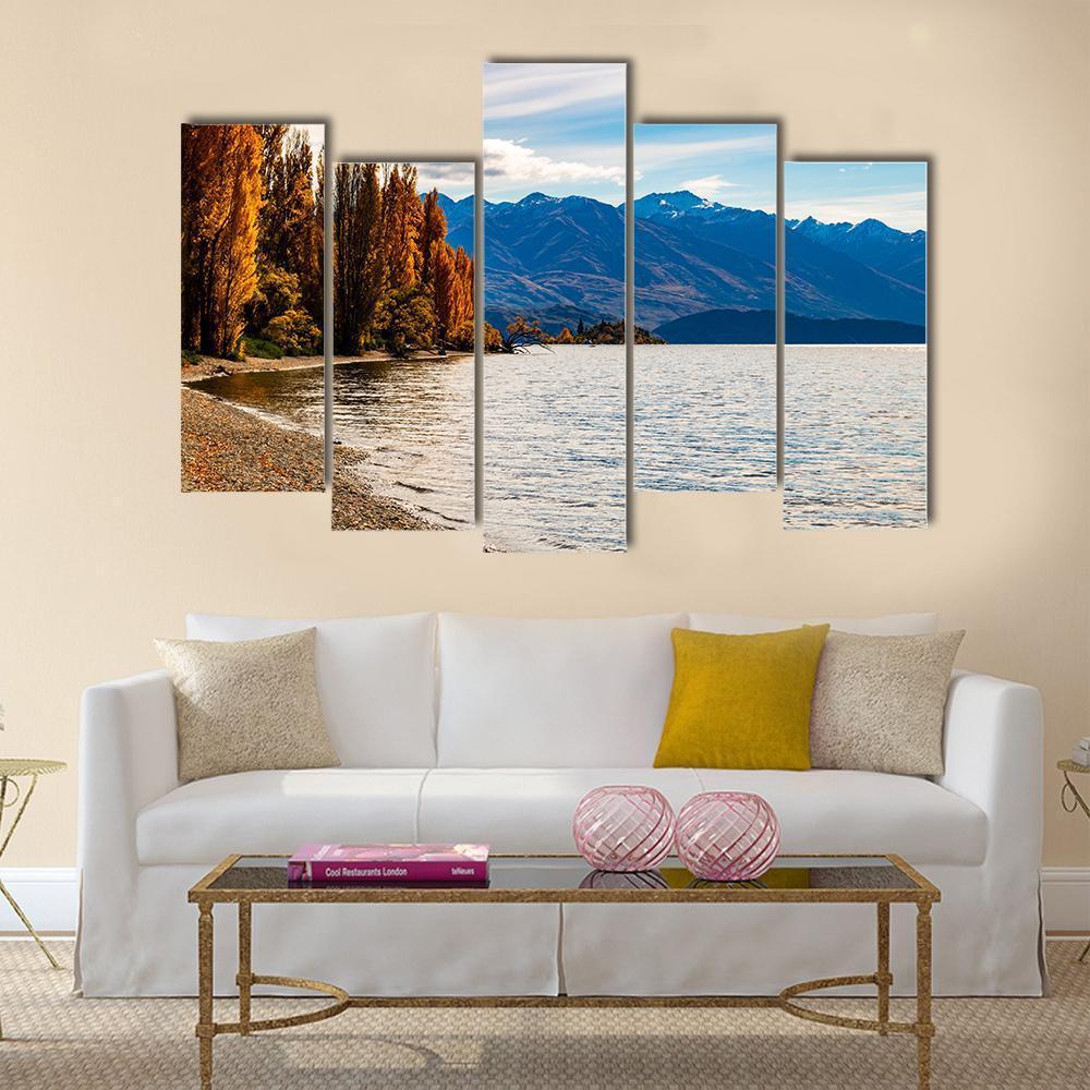 Autumn Trees At Wanaka Lake Canvas Wall Art-5 Pop-Gallery Wrap-47" x 32"-Tiaracle