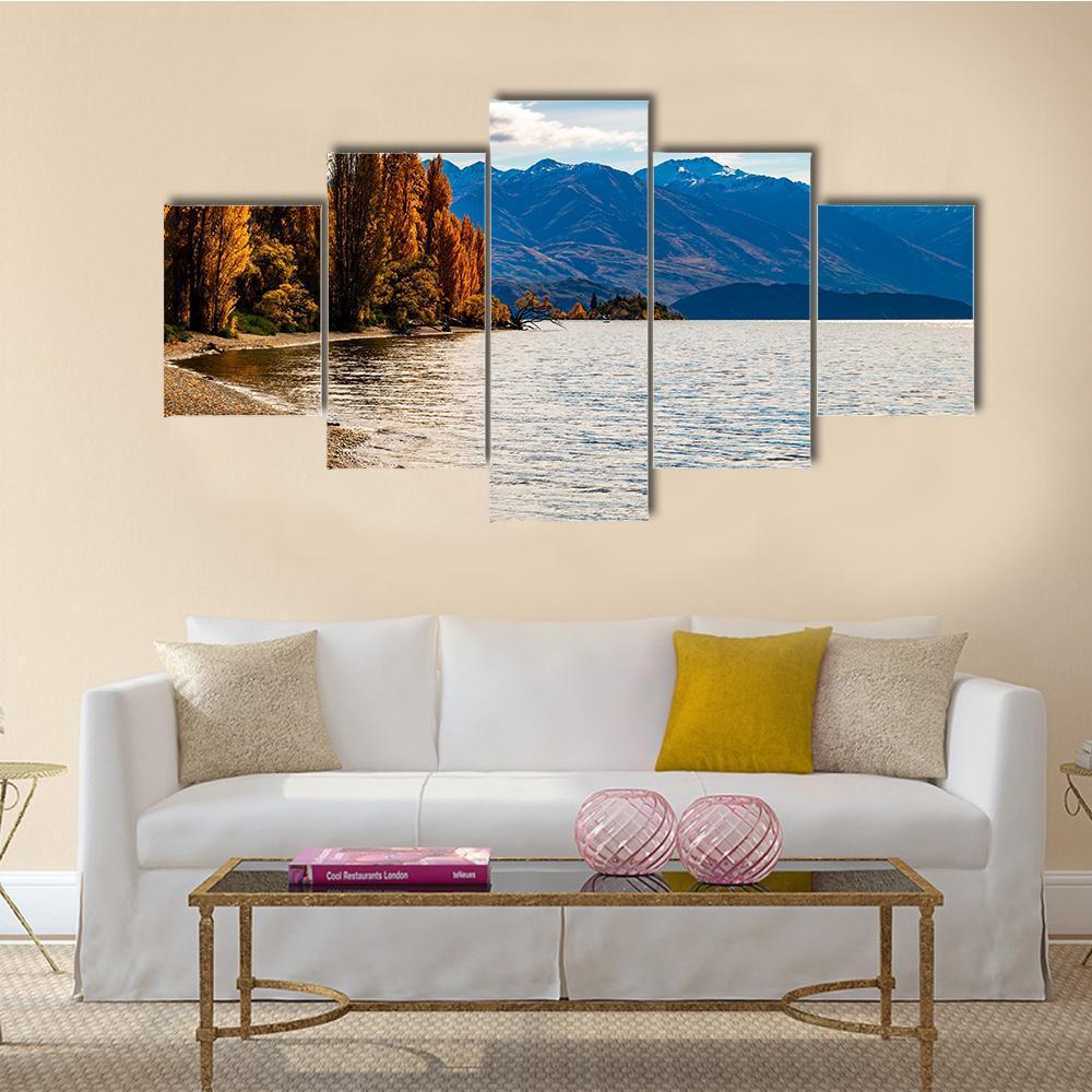 Autumn Trees At Wanaka Lake Canvas Wall Art-5 Star-Gallery Wrap-62" x 32"-Tiaracle