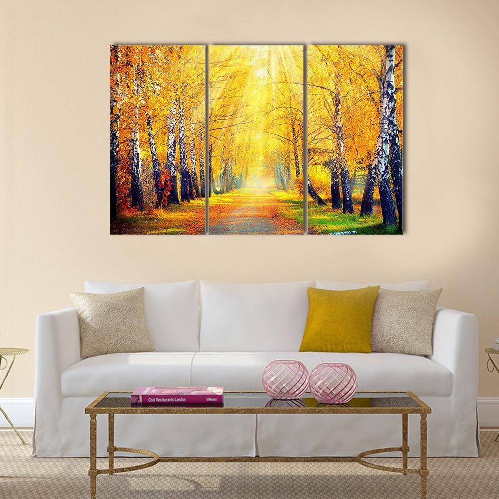 Autumn Trees In Sun Rays Canvas Wall Art-5 Star-Gallery Wrap-62" x 32"-Tiaracle