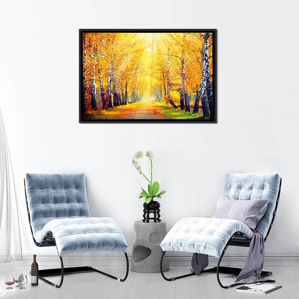 Autumn Trees In Sun Rays Canvas Wall Art-3 Horizontal-Gallery Wrap-25" x 16"-Tiaracle
