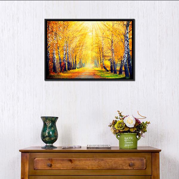 Autumn Trees In Sun Rays Canvas Wall Art-1 Piece-Floating Frame-24" x 16"-Tiaracle