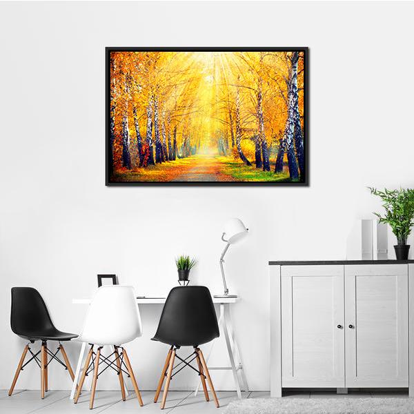 Autumn Trees In Sun Rays Canvas Wall Art-3 Horizontal-Gallery Wrap-25" x 16"-Tiaracle
