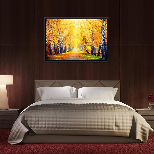 Autumn Trees In Sun Rays Canvas Wall Art-3 Horizontal-Gallery Wrap-25" x 16"-Tiaracle
