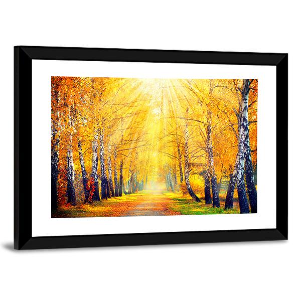 Autumn Trees In Sun Rays Canvas Wall Art-3 Horizontal-Gallery Wrap-25" x 16"-Tiaracle