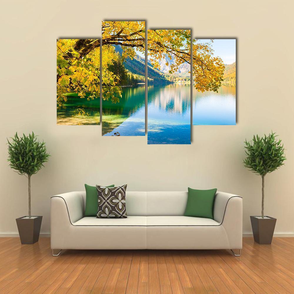 Autumn Trees On Lake Canvas Wall Art-4 Pop-Gallery Wrap-50" x 32"-Tiaracle