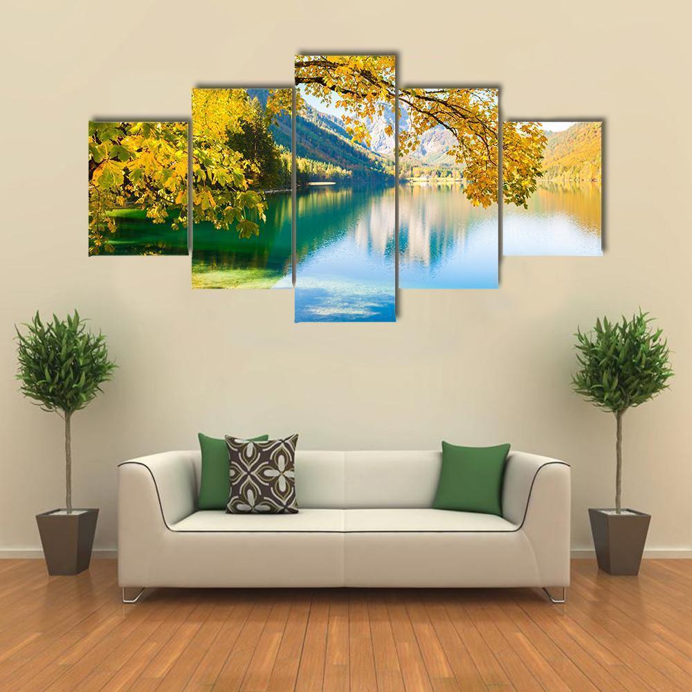 Autumn Trees On Lake Canvas Wall Art-5 Star-Gallery Wrap-62" x 32"-Tiaracle
