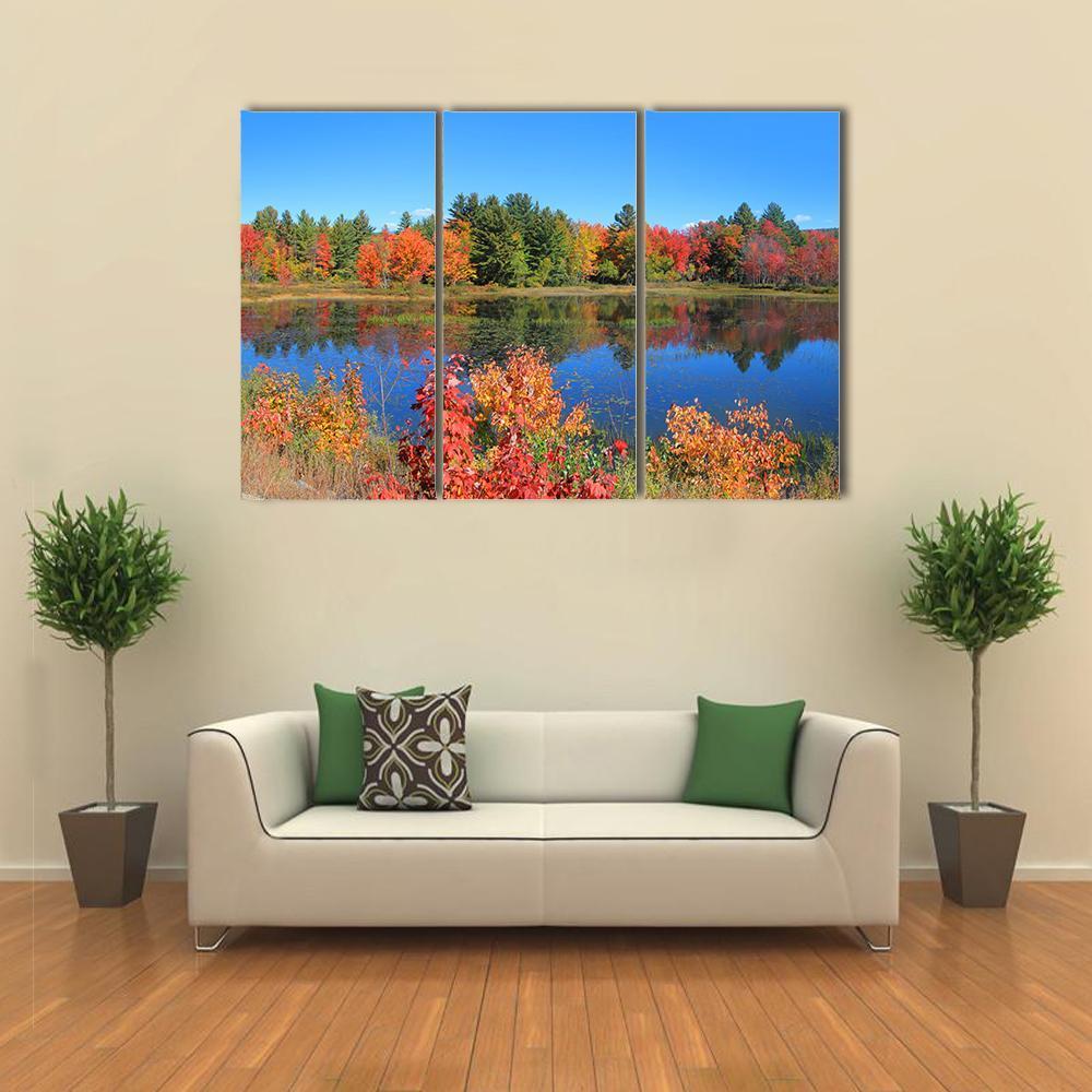 Autumn Trees Reflection In Pond Canvas Wall Art-3 Horizontal-Gallery Wrap-37" x 24"-Tiaracle