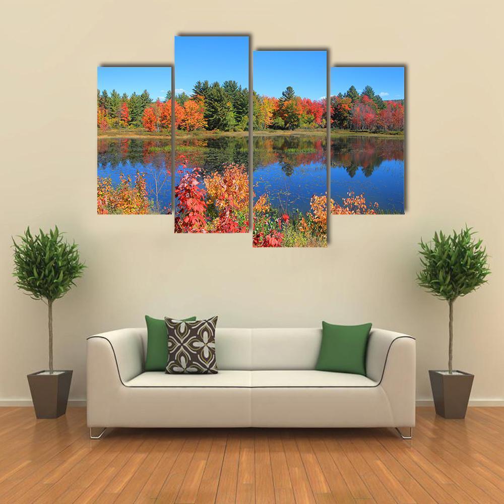 Autumn Trees Reflection In Pond Canvas Wall Art-4 Pop-Gallery Wrap-50" x 32"-Tiaracle