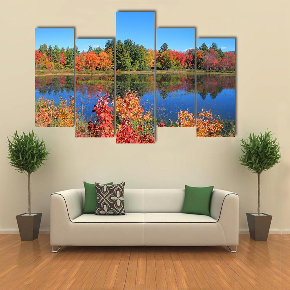 Autumn Trees Reflection In Pond Canvas Wall Art-5 Pop-Gallery Wrap-47" x 32"-Tiaracle