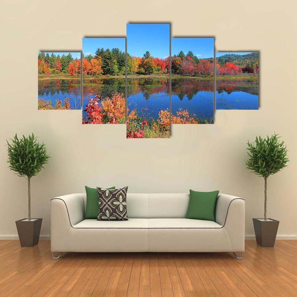 Autumn Trees Reflection In Pond Canvas Wall Art-5 Star-Gallery Wrap-62" x 32"-Tiaracle