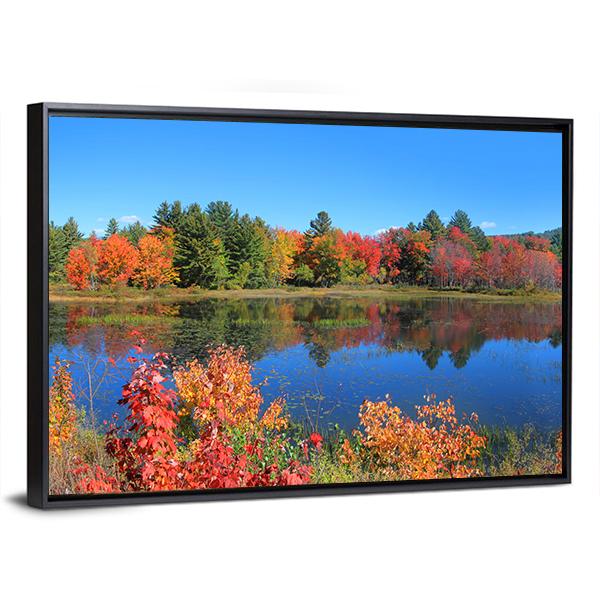 Autumn Trees Reflection In Pond Canvas Wall Art-3 Horizontal-Gallery Wrap-25" x 16"-Tiaracle