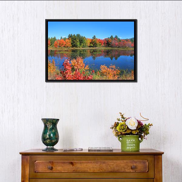 Autumn Trees Reflection In Pond Canvas Wall Art-1 Piece-Floating Frame-24" x 16"-Tiaracle