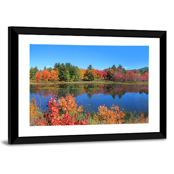 Autumn Trees Reflection In Pond Panoramic Canvas Wall Art-1 Piece-36" x 12"-Tiaracle