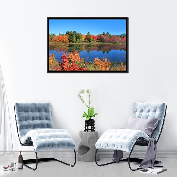 Autumn Trees Reflection In Pond Panoramic Canvas Wall Art-1 Piece-36" x 12"-Tiaracle