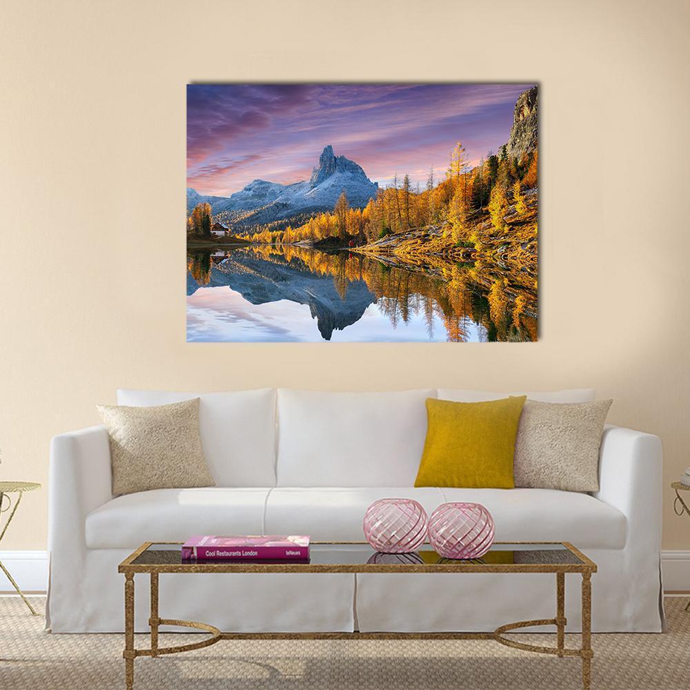 Autumn Lake in the Dolomites Canvas Wall Art in yellow, blue and purple, single panel hung on a wall
