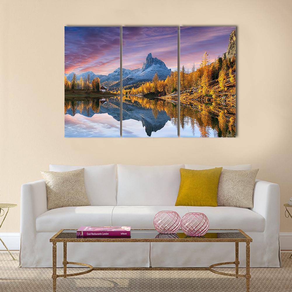 Autumn Lake Federa In Dolomites Canvas Wall Art-3 Horizontal-Gallery Wrap-25" x 16"-Tiaracle