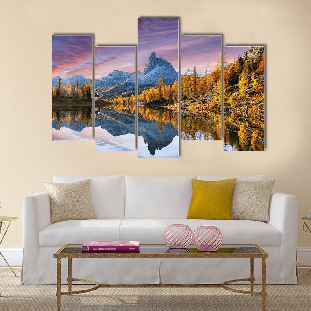 Autumn Lake Federa In Dolomites Canvas Wall Art-5 Pop-Gallery Wrap-32" x 21"-Tiaracle