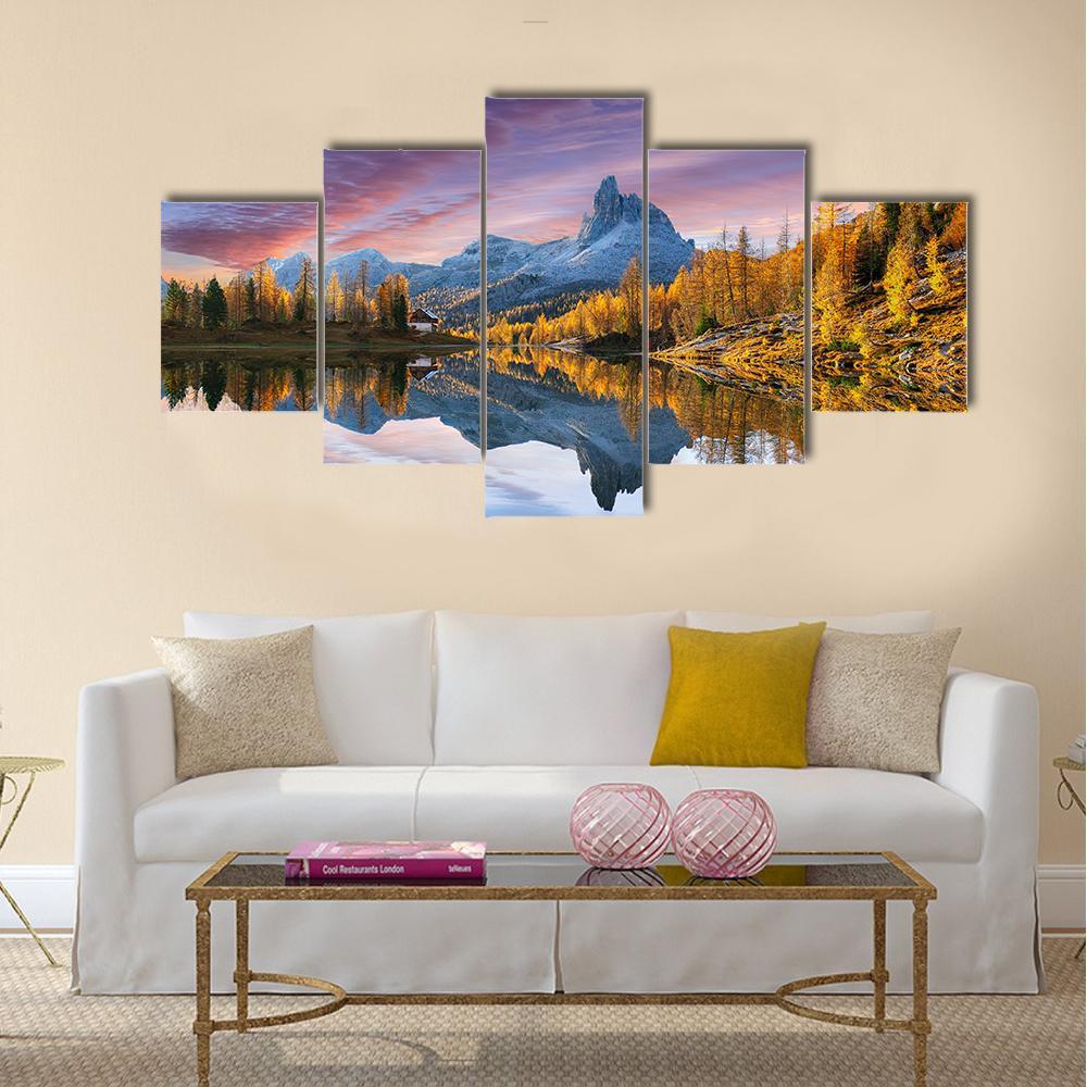 Autumn Lake Federa In Dolomites Canvas Wall Art-5 Star-Gallery Wrap-42" x 21"-Tiaracle