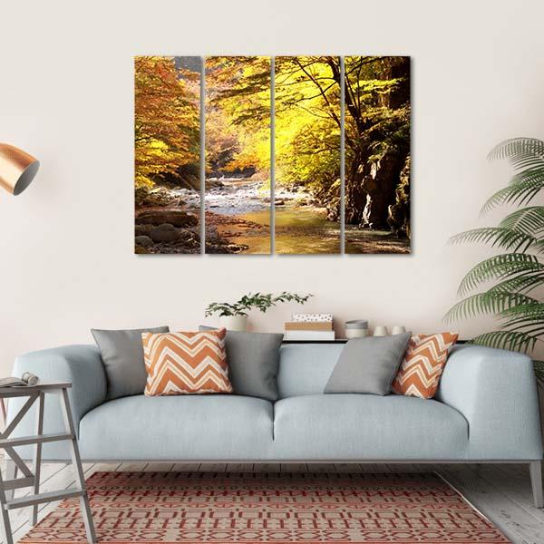 Autumnal Leaves &amp; Stream Canvas Wall Art-4 Horizontal-Gallery Wrap-34" x 24"-Tiaracle