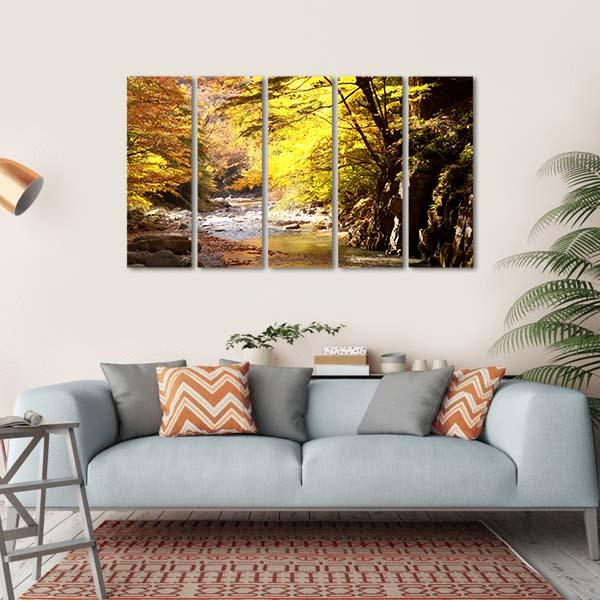 Autumnal Leaves &amp; Stream Canvas Wall Art-5 Horizontal-Gallery Wrap-22" x 12"-Tiaracle