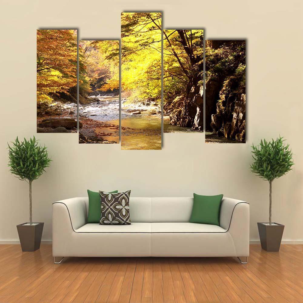 Autumnal Leaves & Stream Canvas Wall Art-5 Pop-Gallery Wrap-47" x 32"-Tiaracle