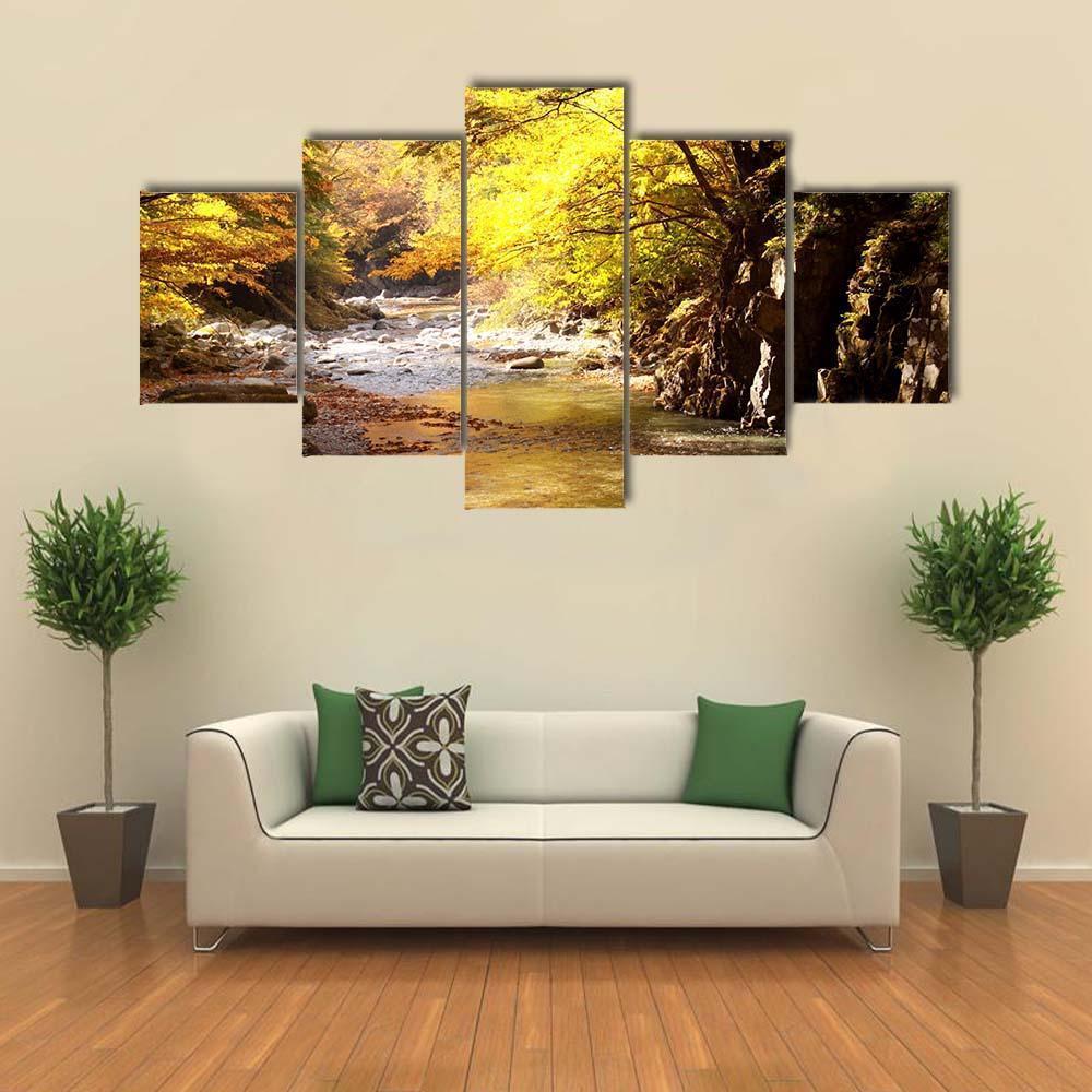 Autumnal Leaves &amp; Stream Canvas Wall Art-5 Star-Gallery Wrap-62" x 32"-Tiaracle