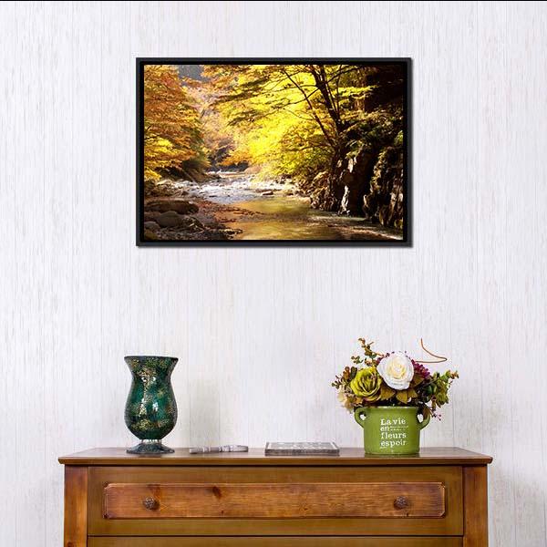 Autumnal Leaves &amp; Stream Canvas Wall Art-1 Piece-Floating Frame-24" x 16"-Tiaracle
