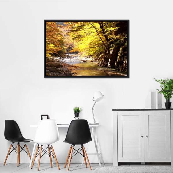 Autumnal Leaves &amp; Stream Canvas Wall Art-3 Horizontal-Gallery Wrap-25" x 16"-Tiaracle